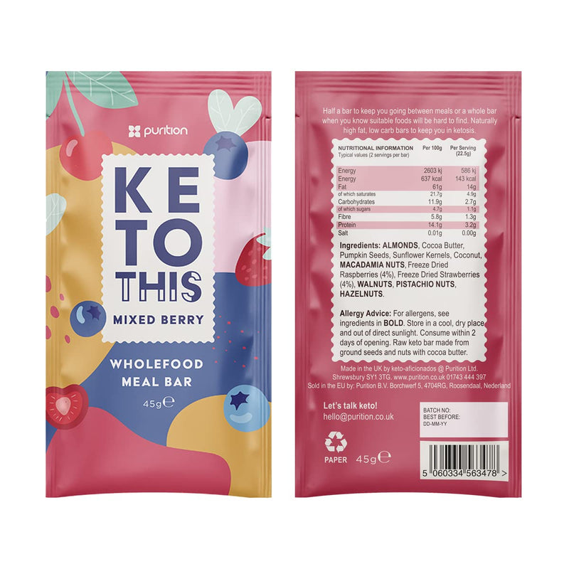 Purition Wholefood Keto Bars Mixed Berry Flavour 12 Pack | Vegan & Keto Friendly | No Added Sugar | Premium Low Carb High Fat Keto Meal Bars with Only Natural Ingredients 1 count (Pack of 12) - BeesActive Australia