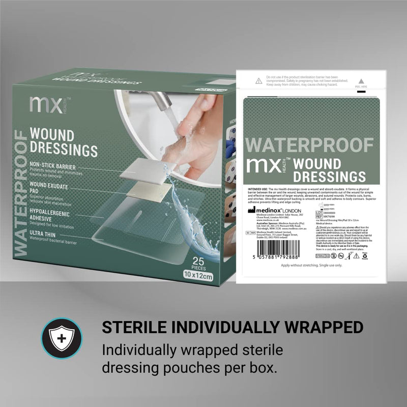 mx HEALTH Waterproof Wound Dressing Film+PAD - 10X12CM (5X6CM Wound PAD) - 25 Individually Wrapped DRESSINGS PER Box - BeesActive Australia