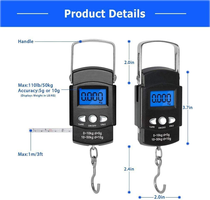 [AUSTRALIA] - Digital Fish Scale fishing weights Scale, hanging scale digital weight Backlight LCD Display 110lb/50kg Electronic Balance Digital Fishing Postal Hanging Hook Scale with Measuring Tape 2AAA Batteries 