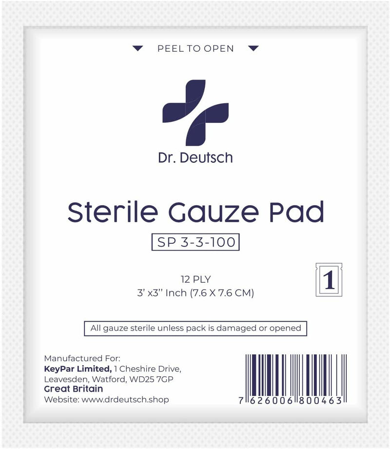 DR. DEUTSCH Sterile Gauze Pads 7.5 x 7.5 cm for Wound Dressing 100 Individually Packed Pouches, 12-Ply Cotton & Highly Absorbent, Gauze Sponge-Pads for Wound Care & Home First Aid Kits 7.5 x 7.5 cm (Pack of 100) - BeesActive Australia