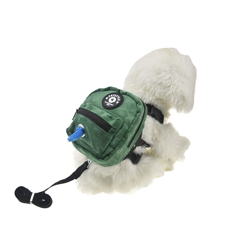 FLAdorepet Dog Backpack Harness with Leash, Dog Poop Bag Dispenser, Pet Self Carrier Adjustable Travel Hiking Walking Harness Backpack for Small Medium Dogs L(Fit:14-22lb) Green - BeesActive Australia