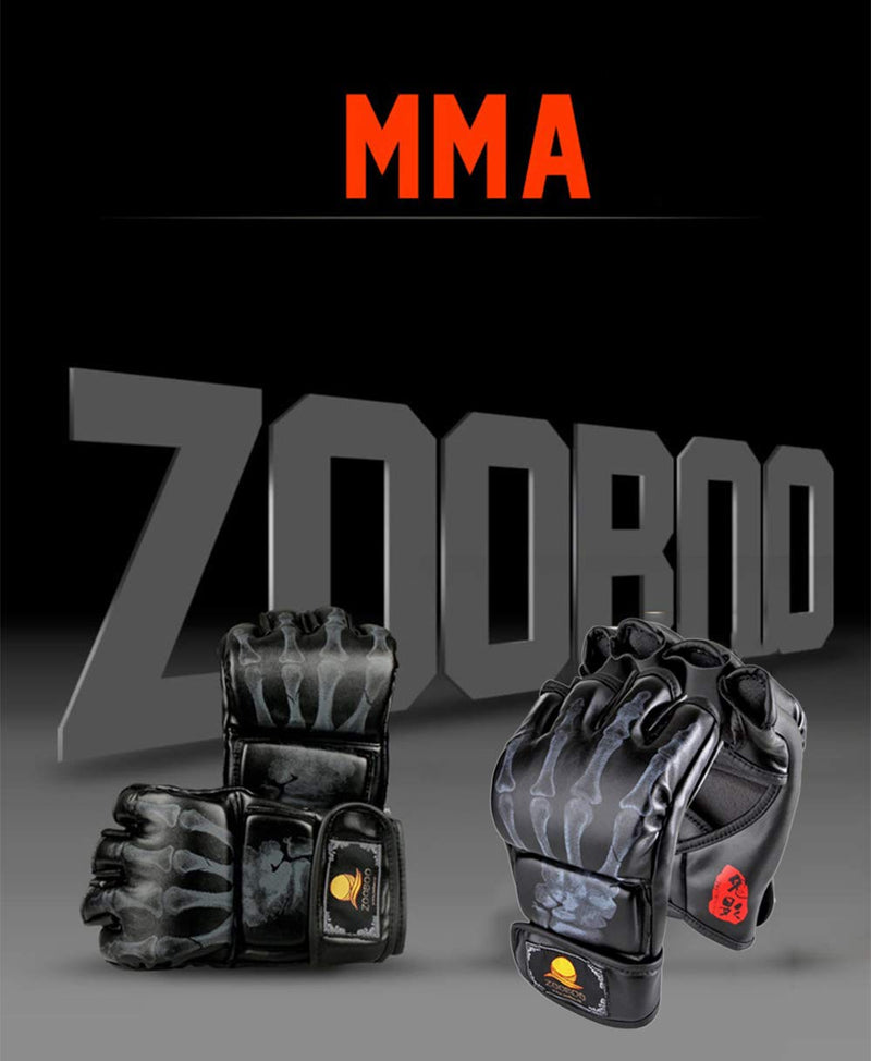 [AUSTRALIA] - ZooBoo MMA Gloves, Half-Finger Boxing Fight Gloves MMA Mitts with Adjustable Wrist Band UFC Gloves for Sanda Sparring Punching Bag Training Black 