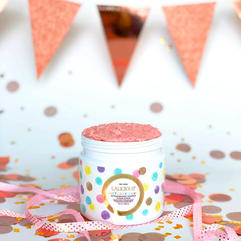 LALICIOUS Birthday Cake Extraordinary Whipped Sugar Scrub - Pink Shimmer Body Scrub with Coconut Oil & Honey (2 Ounce Travel Size) - BeesActive Australia