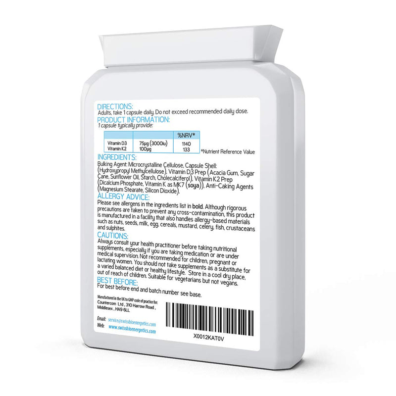 Vitamin D 3,000 IU & Vitamin K2 100ug MK7 Vegetarian Capsules - 90-Day Supply of Vitamin D3 Supplement Source of Cholecalciferol � Exclusively Manufactured in The UK for Maximum Absorption - BeesActive Australia