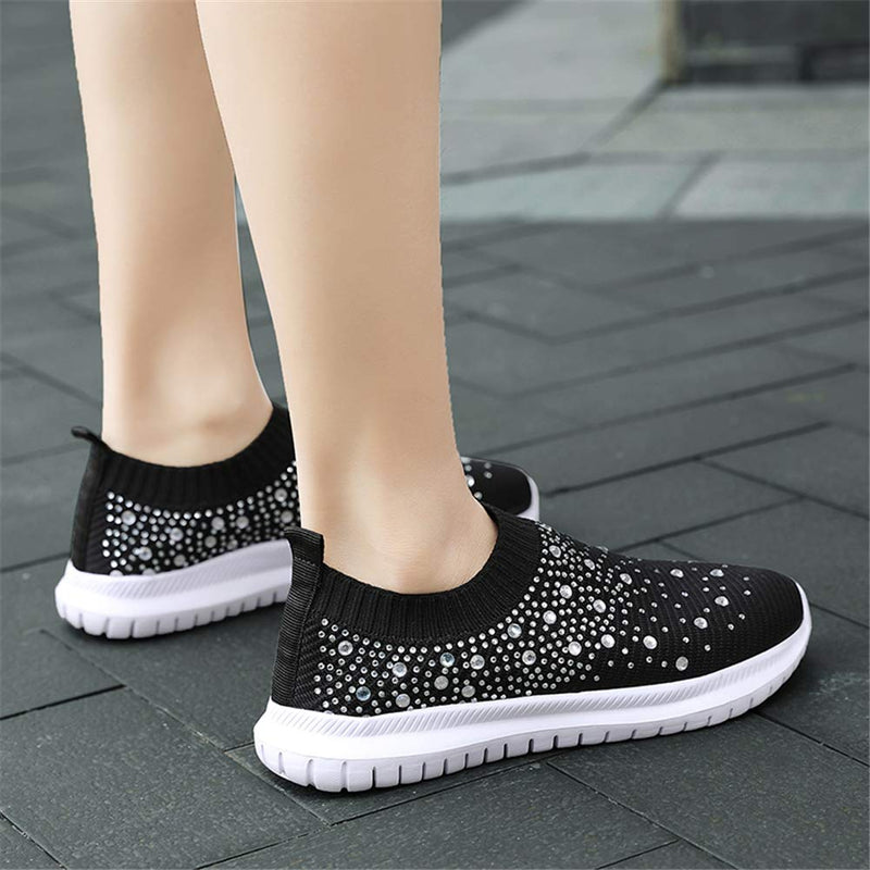 GOSPT Women's Mesh Walking Shoes Rhinestone Glitter Slip On Ballroom Jazz Latin Dance Sock Sneakers 5 Black - BeesActive Australia