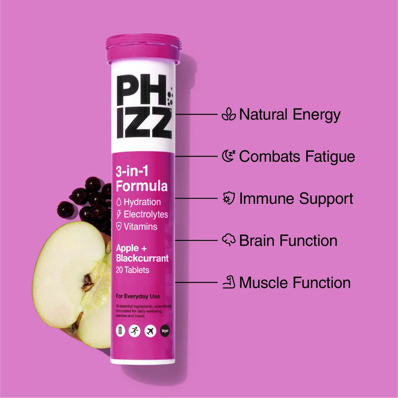 Phizz Electrolytes, Multivitamin & Hydration Tablets - 20 Effervescent Rehydration Tablets - 18 Vitamins & Minerals, Vitamin C, Vegan, Vegetarian & Low Calorie Apple & Blackcurrant 20 Count (Pack of 1) - BeesActive Australia