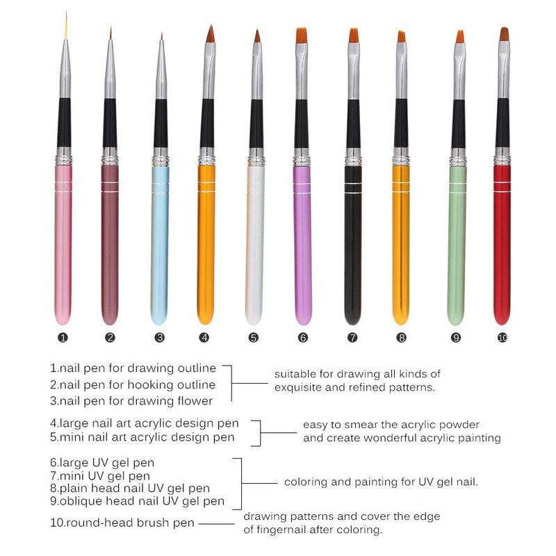 Anself 10Pcs Professional Nail Art Design Polish Brush Pen Liner Set for Acrylic Nail Gel Drawing Painting - BeesActive Australia