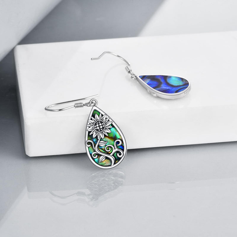 AOBOCO Silver Dangle Earrings for Women S925 Abalone Shell, Mustard Seed, Turquoise Bohe Hooks Earrings 1-Abalone Sunflower Hooks - BeesActive Australia
