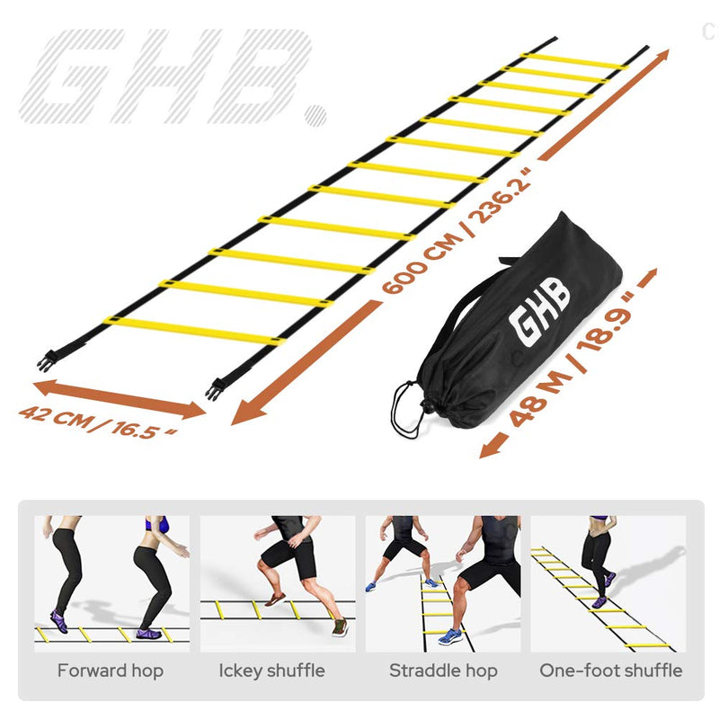 GHB Pro Agility Ladder Agility Training Ladder Speed 12 Rung 20ft with Carrying Bag Yellow - BeesActive Australia