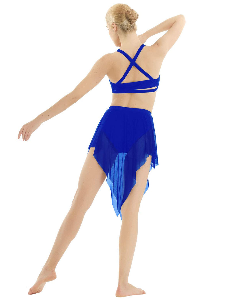 [AUSTRALIA] - YiZYiF Lyrical Womens Adult Sleeveless 2 Pieces Crop Top Asymmetrical Hi-lo Skirt Dance Dress Blue Small 