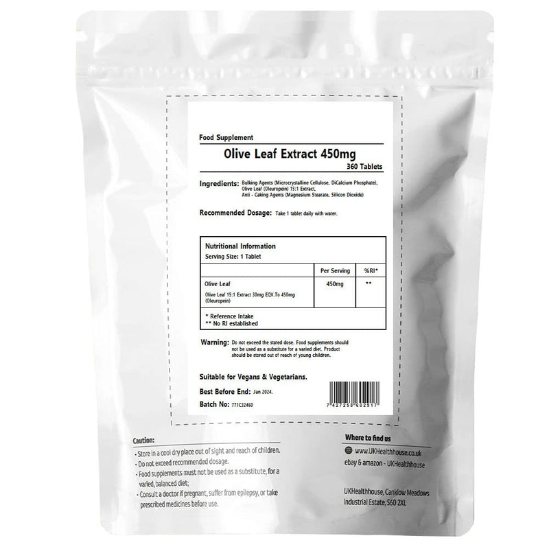 Olive Leaf Extract 450mg x 360 Tablets (30mg Oleuropein) - Botanical Vegan Supplement Super Strength Immune & Antioxidant Support - BeesActive Australia