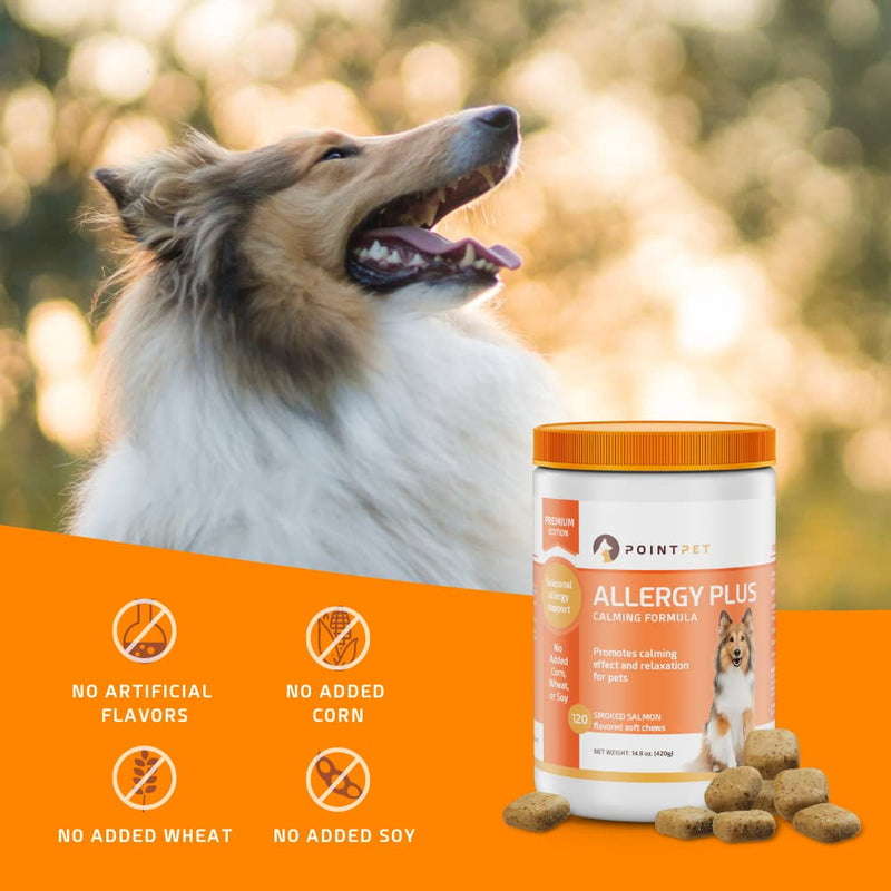 POINTPET Allergy Plus Calming Formula for Dogs - Allergy Relief, Anti Itch + Calming and Relaxation Effect 120 Smoked Salmon Soft Chews - 13 in 1 Premium Formula with Colostrum, Bromelain & Chamomile - BeesActive Australia
