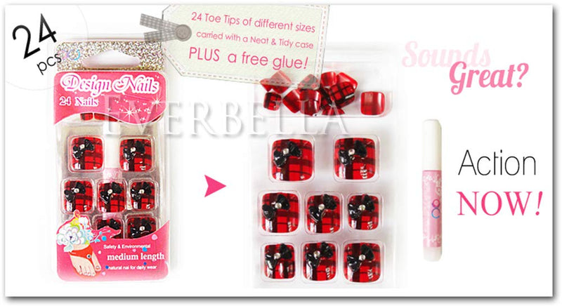 24 PCS Full Cover False Toe Tips (Red Tartan with Bow) - BeesActive Australia