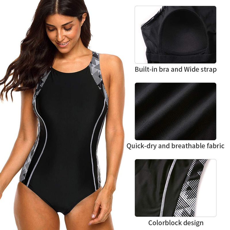 [AUSTRALIA] - CharmLeaks Women's Competitive Athletic One Piece Swimsuit Racerback Training Swimwear Bathing Suits X-Large Black/White Stripe 