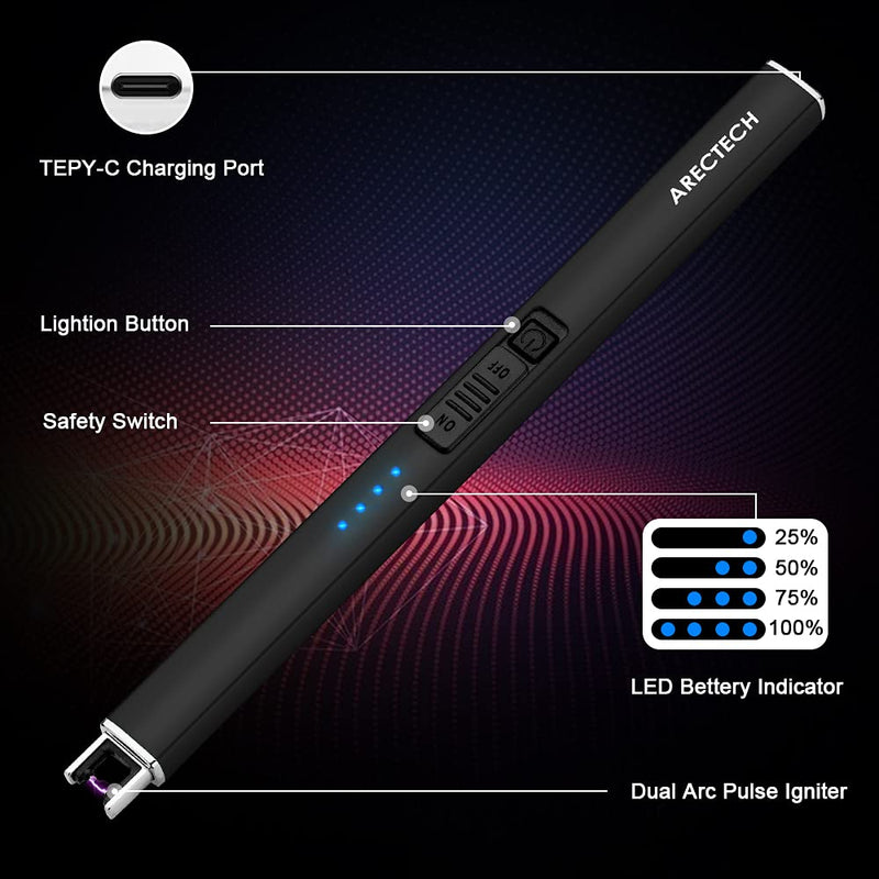 ARECTECH Lighter Electric Lighter Candle Lighter Rechargeable USB Lighter Plasma Arc Lighters for Candle Camping Kitchen Black - BeesActive Australia