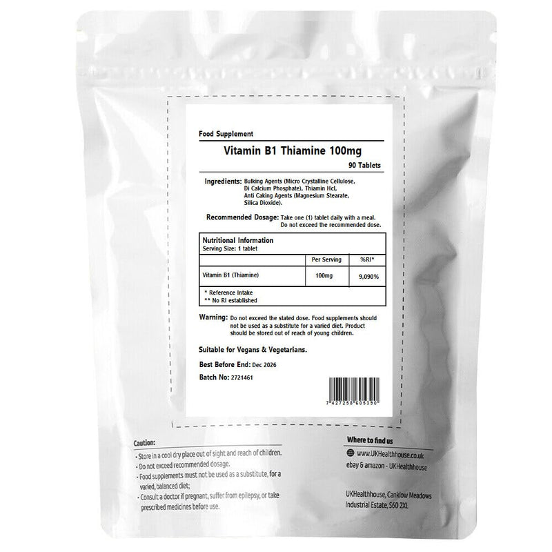 Vitamin B1 Thiamine 100mg x 90 Tablets - High Strength Heart & Nervous System, Immune and Psychological Function & Energy Release, Vegan, Gluten-Free - BeesActive Australia