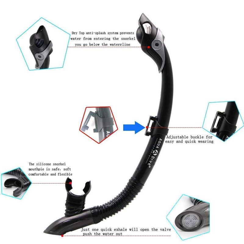 [AUSTRALIA] - AQUA A DIVE SPORTS Dry Snorkel Easy Breath Diving Snorkel for Snorkeling Scuba Diving Freediving Swimming with Top Dry Valve and Food Grade Silicone Mouthpiece for Adult Youth black 