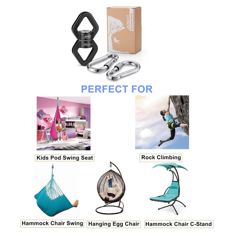 AusKit Swing Swivel, 30 KN Safest Rotational Device Hanging Accessory with Carabiners for Web Tree Swing, Therapy Swing, Aerial Dance, Swing Spinner Hanger, Rock Climbing, Hanging Hammocks Black - BeesActive Australia