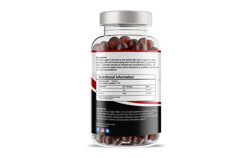 Pharmanostix Iron & Vitamin C Vegan Gummies - 150 Natural Cherry Flavour Gummies -Tasty Alternative to Iron Tablets -for Men, Women and Kids - Supports Cognitive Development & Red Blood Cell Formation - BeesActive Australia