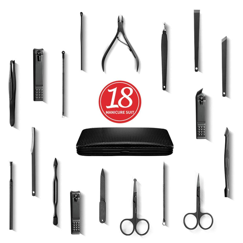 Manicure Set, Pedicure Kit 18 in 1 Nail cutter Stainless Steel Professional Grooming Kit Fingernails Scissors Toenails clippers Nail Tools with Black Leather Travel Case - BeesActive Australia