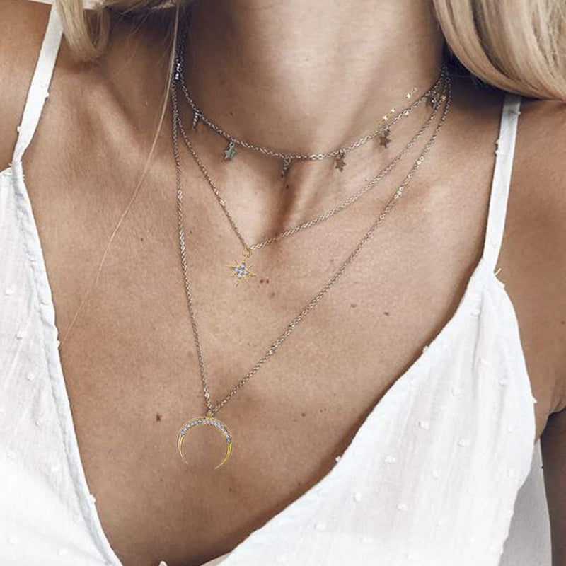 Zehory Boho Layered Moon Necklace Gold Star Tassel Necklaces Crystal Pendant Necklace Chain for Women and Girls - BeesActive Australia