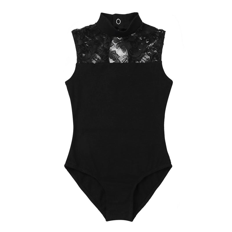 [AUSTRALIA] - winying Girls Turtle Neck Lace Splice Sleeveless Gymnastics Leotard Ballet Dance Jumpsuit Black 11-12 