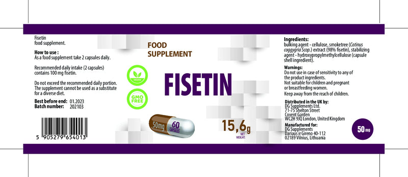 Fisetin 50mg 60 Vegan Capsules, Certificate of Analysis by AGROLAB Germany, High Strength Supplement, Gluten or GMO Free - BeesActive Australia