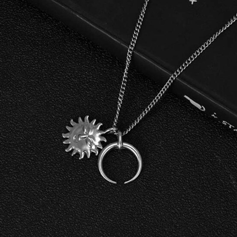 Xerling Silver Sun and Moon Pendant Long Necklace Simple Chain Choker Punk Unisex Eboys Egirls Men Women Jewelry - BeesActive Australia