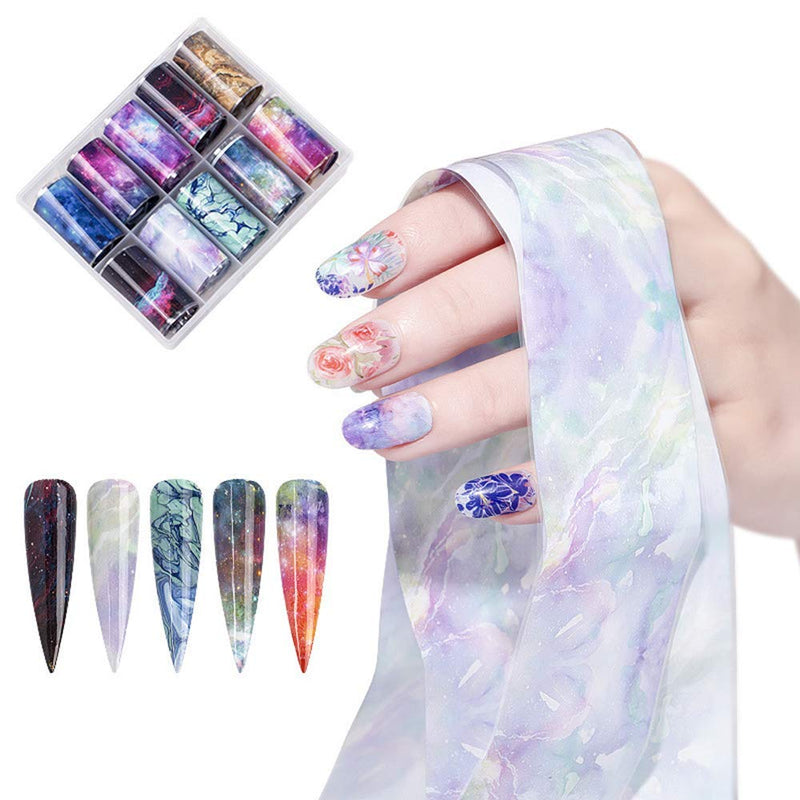 Marble Nail Art Foils Transfer Stickers Marble Stone Nail Foil Adhesive Decals 10 Rolls Foils Transfer Holographic Starry Sky Marble Designs Decal for Women Acrylic Nails Decoration Manicure Tips - BeesActive Australia