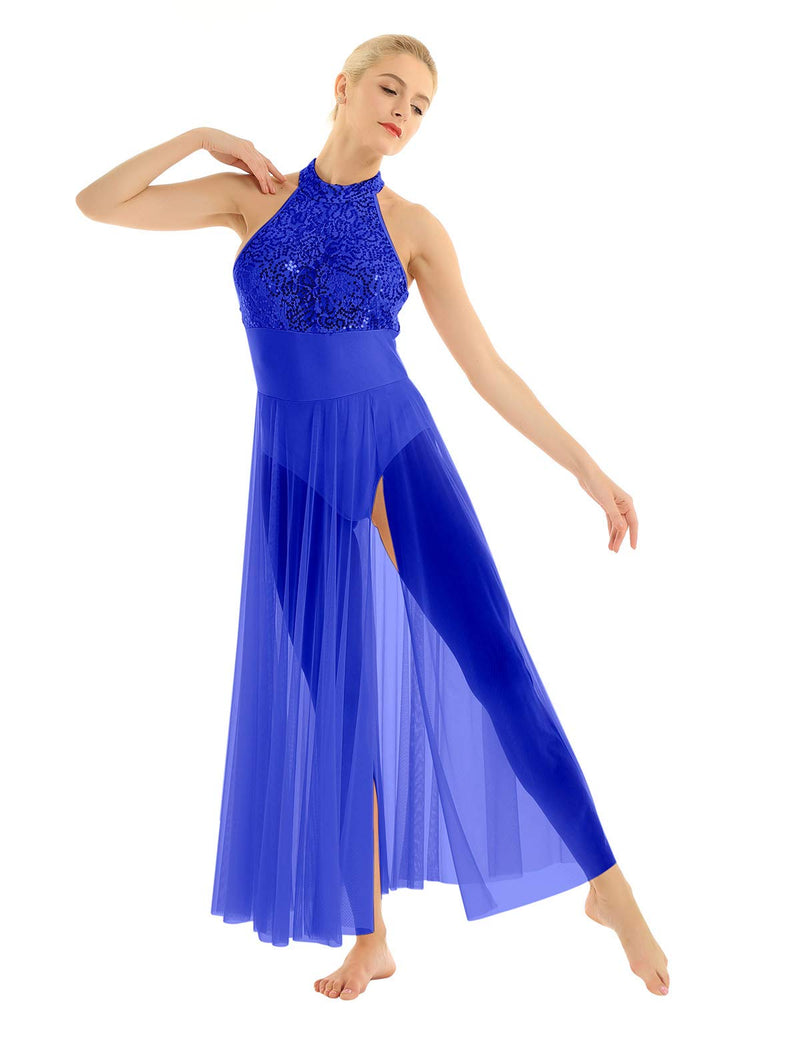 [AUSTRALIA] - TiaoBug Women's Lyrical Adult Sequins Ballet Dance Dress Leotard Flowy Split Skirt Blue X-Small 