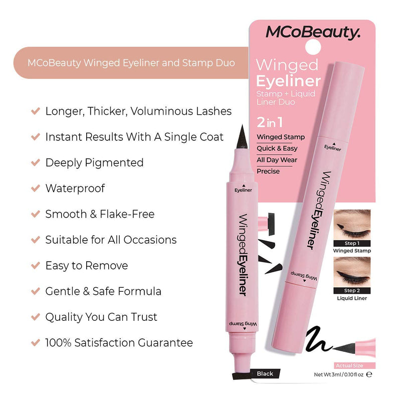 MCoBeauty 2-in-1 Waterproof Winged Eyeliner Stamp and Liquid Liner Duo Pen - Quick & Easy Highly-Pigmented Formula for All Day Wear - Vegan - Black - BeesActive Australia