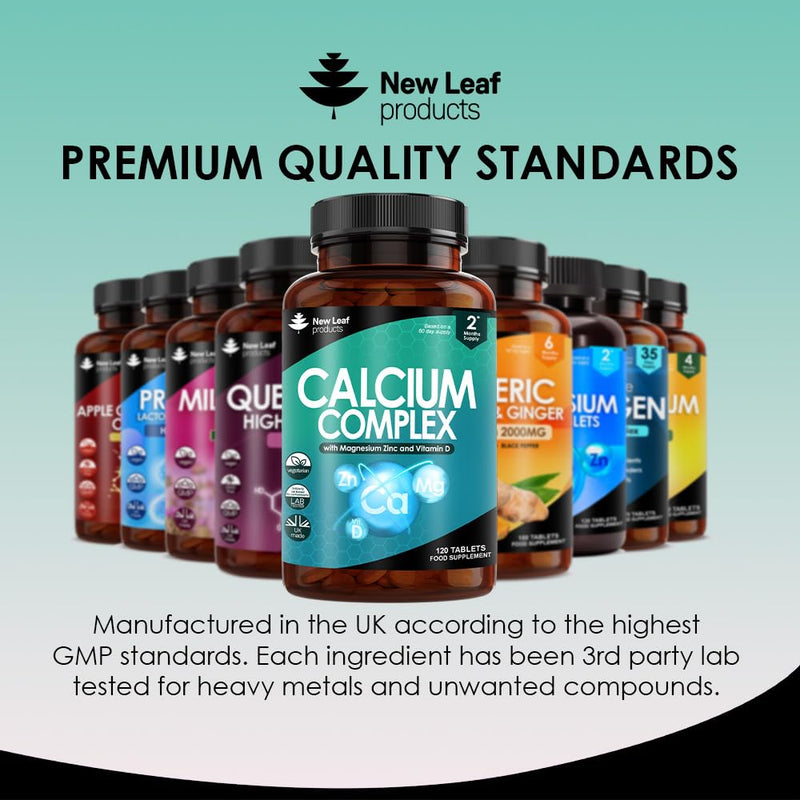Calcium Magnesium Zinc and Vitamin D - Calcium Supplement - 120 High Strength Calcium Tablets Supplement Calcium Magnesium Vitamin D, Zinc Tablets - Calcium Complex Made in The UK by New Leaf - BeesActive Australia