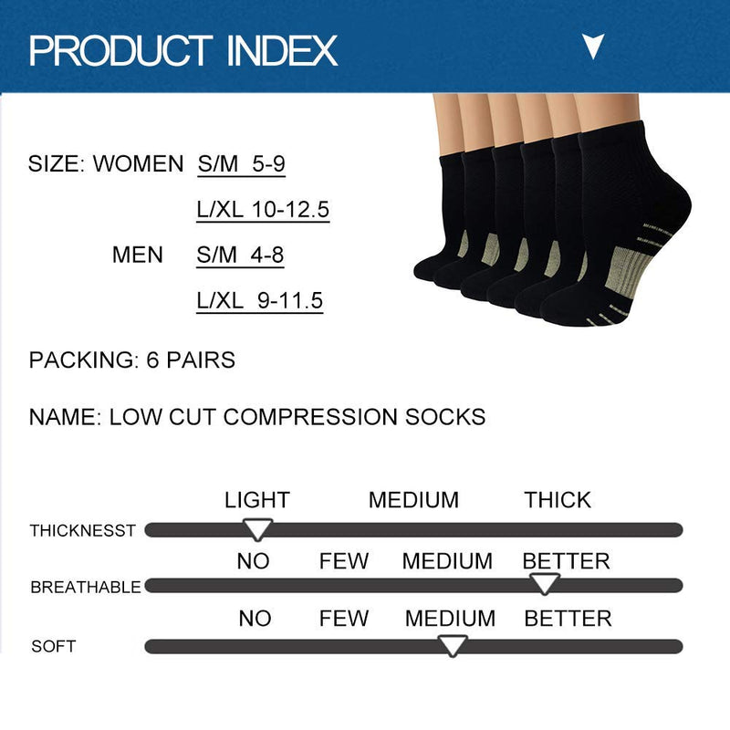 Copper Plantar Fasciitis Running Compression Socks for Men & Women – 3/6 Pairs Arch Support Ankle Socks for Athletic&Travel Large / X-Large A0 - 6 Black - BeesActive Australia