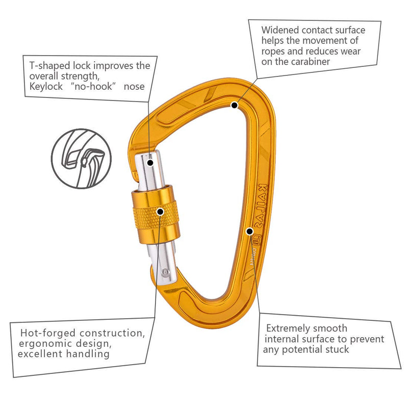 KAILAS Climbing Carabiner Clips, CE Certified 25KN Screw Gate and Heavy Duty Carabiners for Rock Climbing,Rappelling and Mountaineering,D Shaped 3.8 Inch, Large Size Yellow - BeesActive Australia