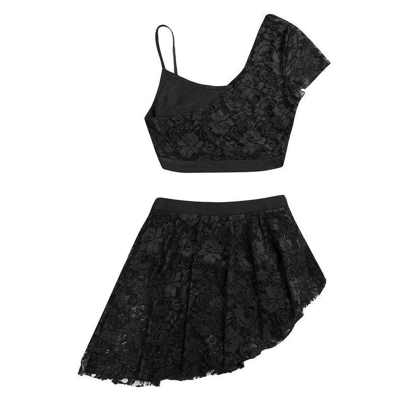 [AUSTRALIA] - Alvivi Women's 2 Pieces Floral Lace Lyrical Latin Ballet Dance Dress Sets Irregular Crop Top with Slit Skirt Black Medium 