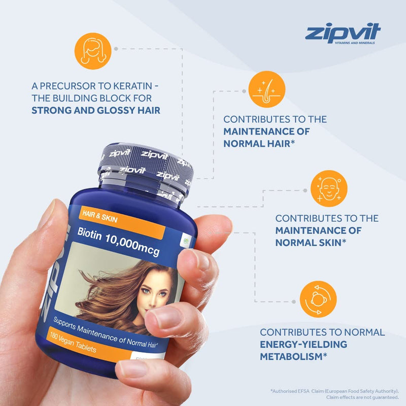 Biotin Hair Growth Supplement 10,000 mcg, 180 Vegan Tablets (6 Months Supply). Maintains Hair & Skin. Vegetarian Society Approved. UK Supplier - BeesActive Australia