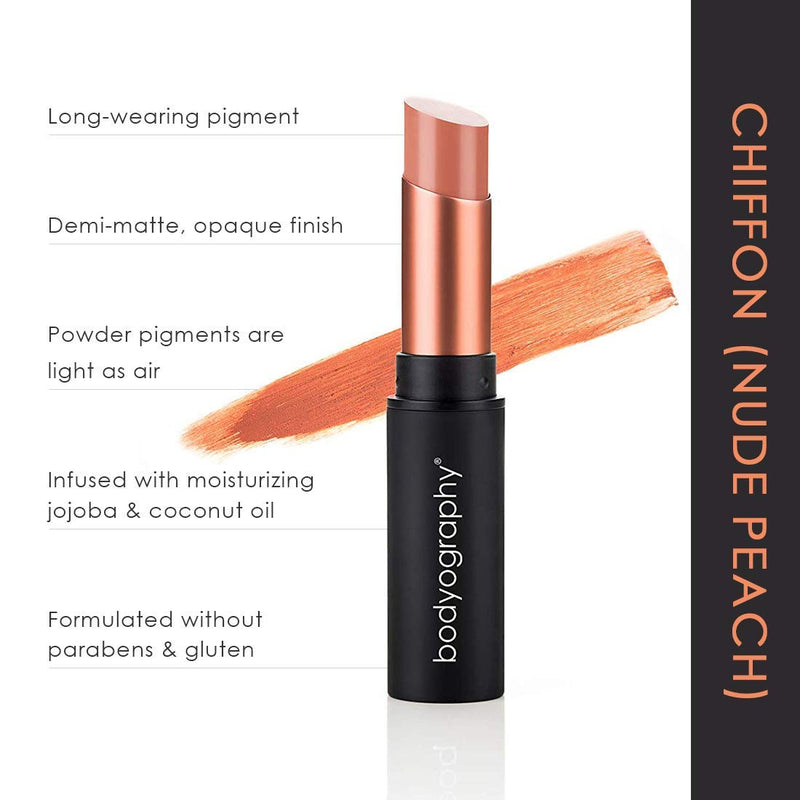 BODYOGRAPHY: Cream Lip Pencil (Nude Peach, Demi-Matte Veil): Waterproof Salon Makeup w/ Coconut Oil, Vitamin E | Gluten-Free, Cruelty-Free, Paraben-Free Chiffon (Nude Peach) - BeesActive Australia