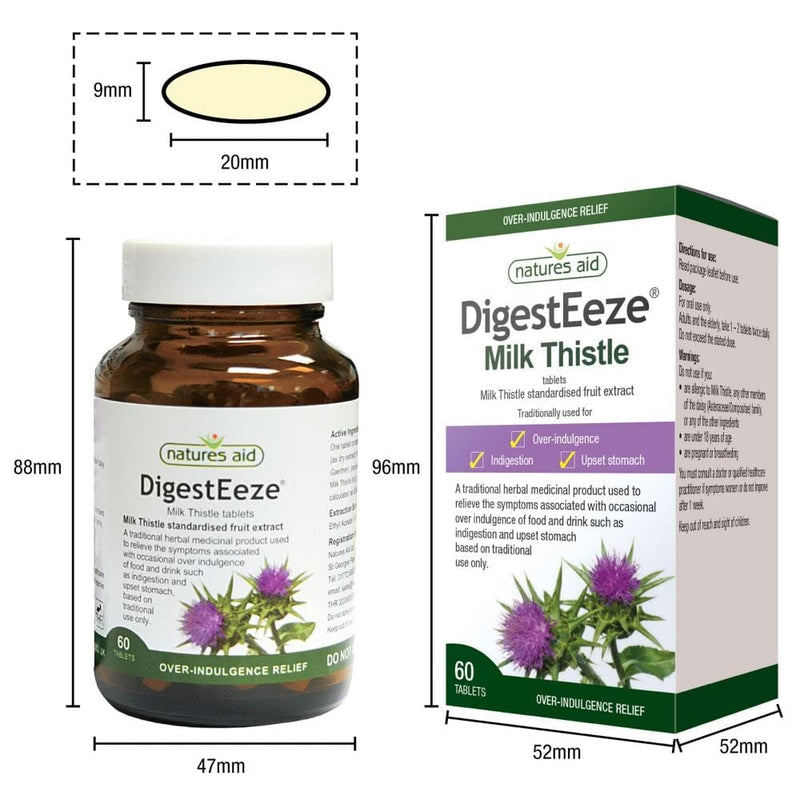 Natures Aid DigestEeze Milk Thistle, 60 Tablets (Relief of Over-Indulgence, Indigestion and Upset Stomach, Equivalent to 2750-6600 mg Milk Thistle, Made in the UK, Vegan Society Approved) (Pack of 4) - BeesActive Australia