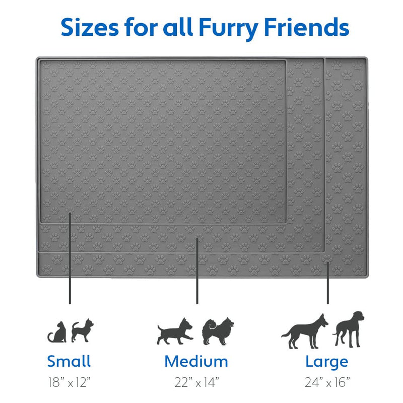 MIGHTY MONKEY Silicone Pet Feeding Mat, Waterproof Placemat for Dog and Cat Bowls, Raised Edges, Prevent Water Spills and Food Messes on Floor, Paw Print Tray Mats, Dishwasher Safe 18x12 Inch (Pack of 1) Gray - BeesActive Australia