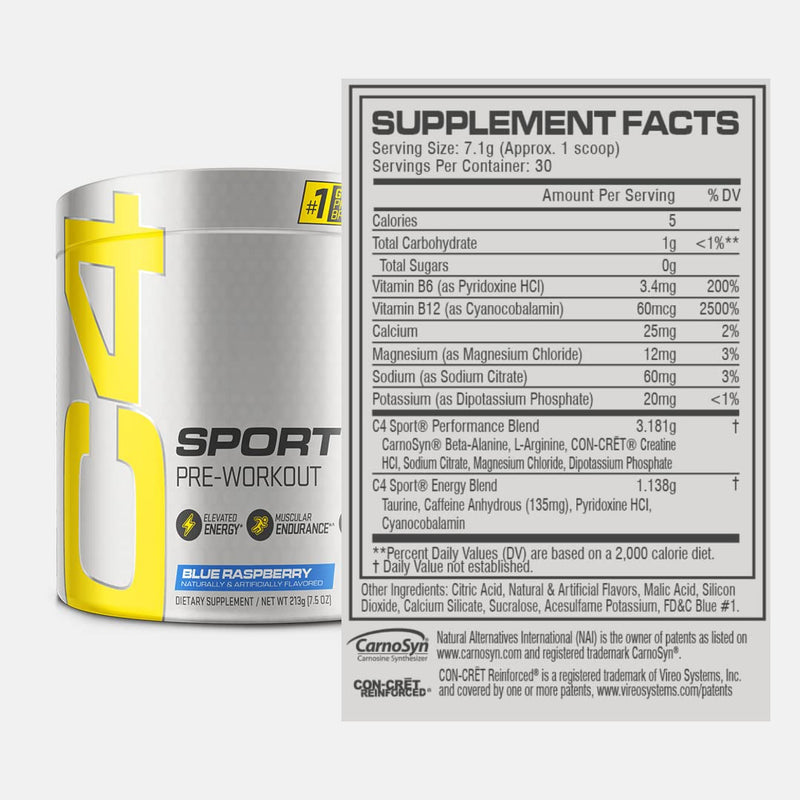 C4 Sport Pre Workout Powder Blue Raspberry - Pre Workout Energy with 3g + 135mg Caffeine and Beta-Alanine Performance Blend - NSF Certified for Sport | 30 Servings - BeesActive Australia