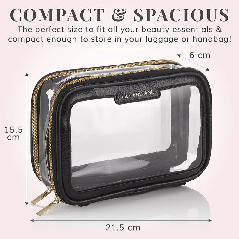 Clear Travel Makeup Bag Organiser - Small Portable Airport Toiletry Cosmetic Case by Lily England, Black and Gold - BeesActive Australia