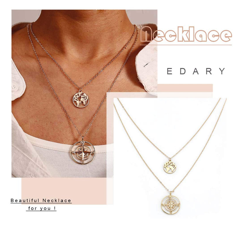 Edary Double Layered Necklace Compass Pendant Gold Map Necklaces Chain Jewelry Accessories for Women and Girls. - BeesActive Australia