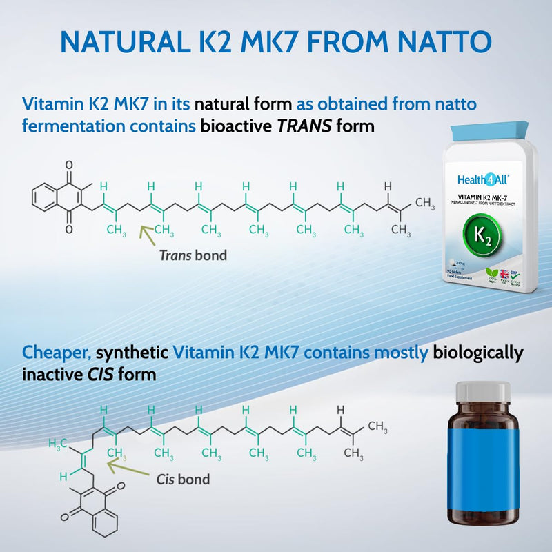 Health4All Vitamin K2 MK7 200mcg 90 Tablets (V) Natural Vegan MK7 from Natto Beans Fermentation. High Strength k2mk7 Tablets (not Capsules) K2 Vitamin Supplements. VIT K2 mk7 90 Count (Pack of 1) - BeesActive Australia