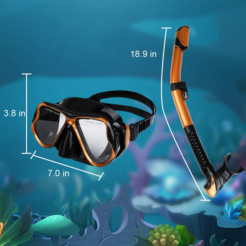 [AUSTRALIA] - US Snorkeling Snorkel Package Set, Anti-Leak Anti-Fog Goggles Diving Panoramic View Clear Tempered Glass Mask, Dry Top Soft Mouthpiece Snorkel Tube, Snorkeling Gear Bag for Adults and Youth 2 Piece Gold 