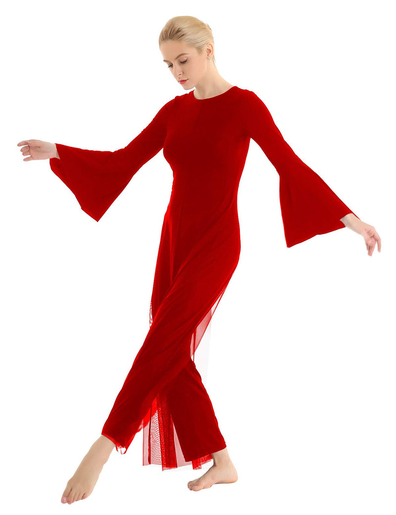 [AUSTRALIA] - ranrann Women's Long Flare Sleeves Lyrical Dance Dress Mesh Overlay Culottes Leotard Dancewear Red X-Large 