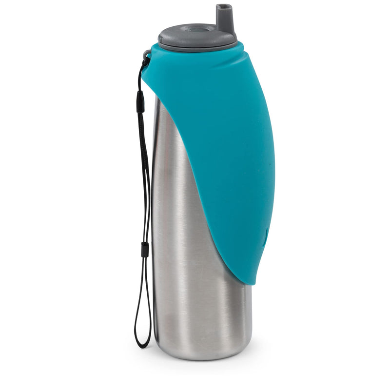 Messy Mutts Double Wall Vacuum Insulated Stainless Steel Travel Water Bottle with Silicone Flip Up Bowl | Pet Travel Necessity | Camping, Hiking, Walking Accessory | 20 oz / 600mL | Blue - BeesActive Australia