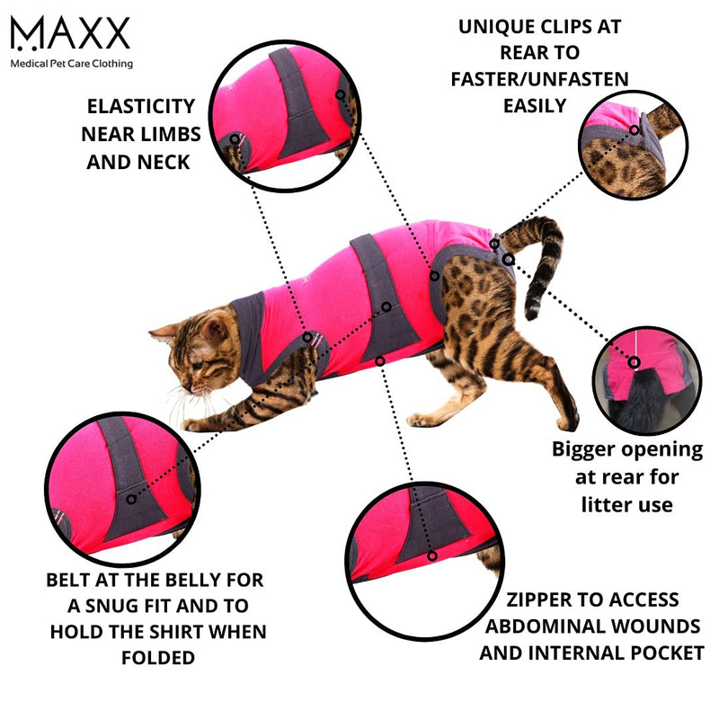 MAXX CAT E Collar Alternative Medical Pet Clothing Recovery Suit for Cats After Surgery Wear Wound Bandage Protection Anti Anxiety Body Wrap XS Red with Grey - BeesActive Australia