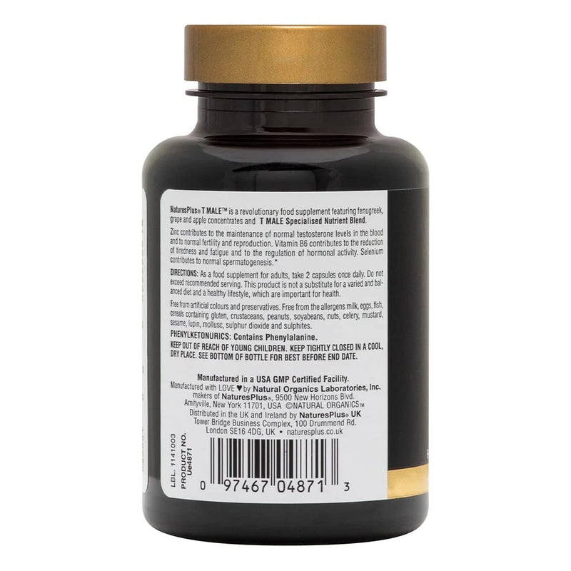 NaturesPlus T-Male Capsules - Herbal Complex and Zinc Supplement for Men Energy and Stamina - Vegan, Gluten Free - 60 Capsules - BeesActive Australia