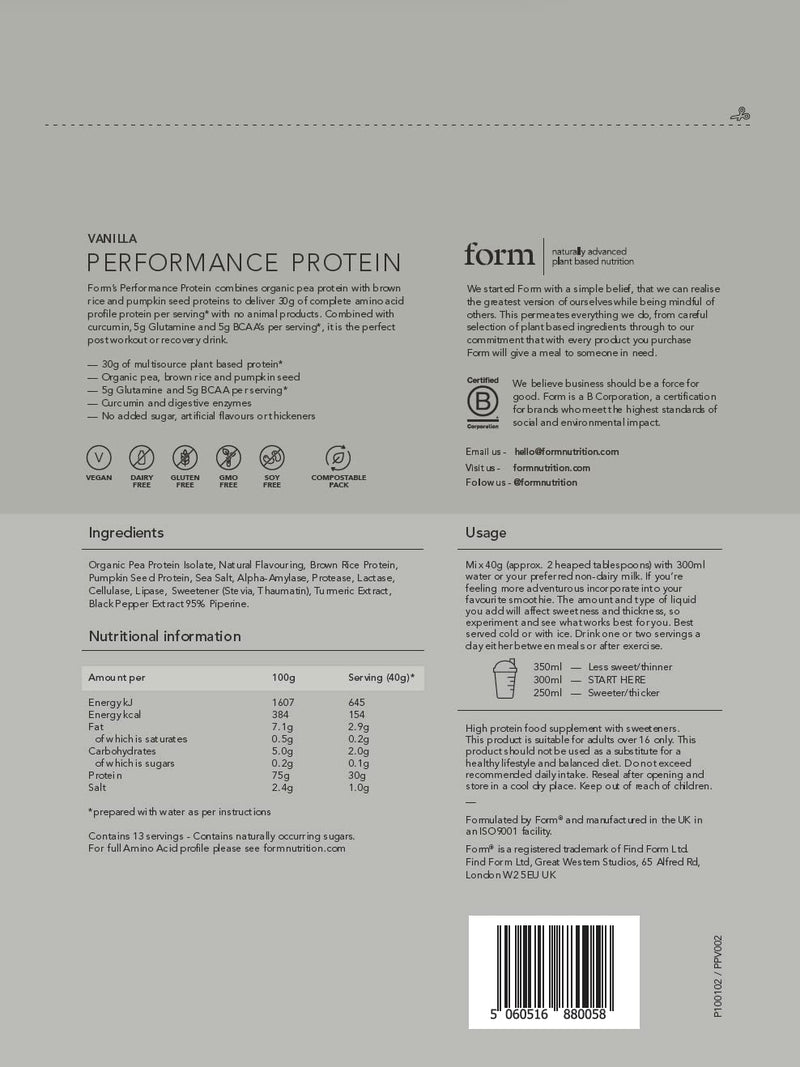 Form Performance Protein - Vegan Protein Powder - Complete Amino Acid Profile with BCAAs and Digestive Enzymes. Perfect Post Workout. Tastes Great with Just Water! (Vanilla) Vanilla 520 g (Pack of 1) - BeesActive Australia