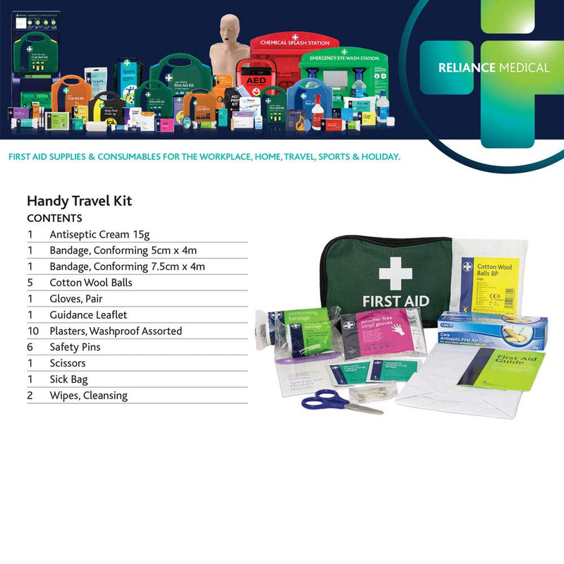 Reliance Medical - (REL416) Handy Travel First Aid Kit, Travel Pouch With, Bandages, Cotton Wool Balls, Gloves, Plasters, Safety Pins, Scissors, Slick Bag And Cleansing Wipes (Green) 1 Count (Pack of 1) - BeesActive Australia